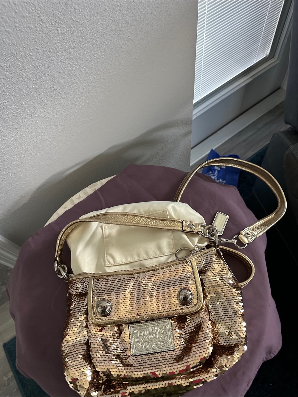 Coach Gold Sequin Shoulder Bag with Cream Lining
